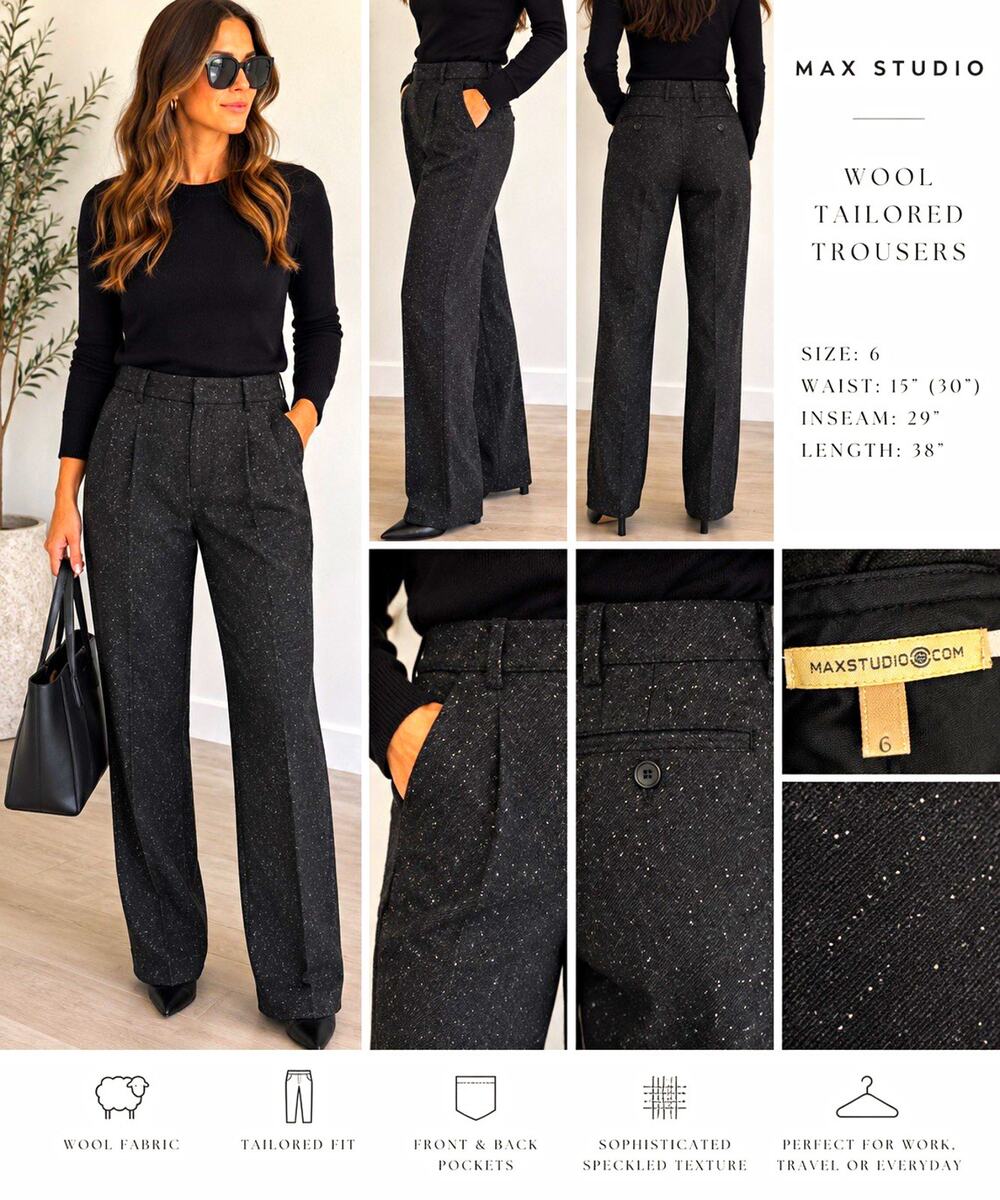 Max Studio Wool tweed black and white Speckled Tailored Trousers Size 6 office